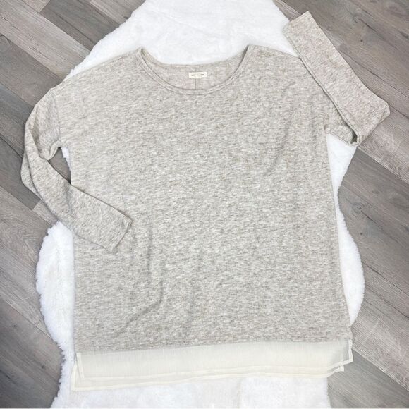 Silence + Noise UO Hannah Chiffon Trim Tunic Sweater Tan Beige Medium Pullover - Picture 10 of 14